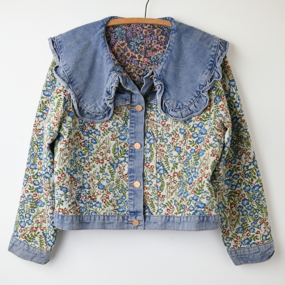 Jacquard Denim Jacket Womens L No Tag Ruffled Peter Pan Collar Tapestry Cottage